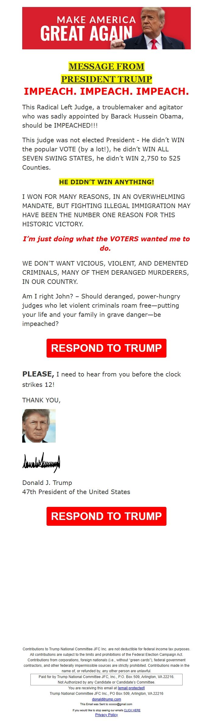 Screenshot of the email generated on import