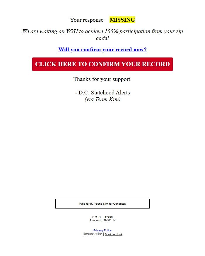 Screenshot of the email generated on import