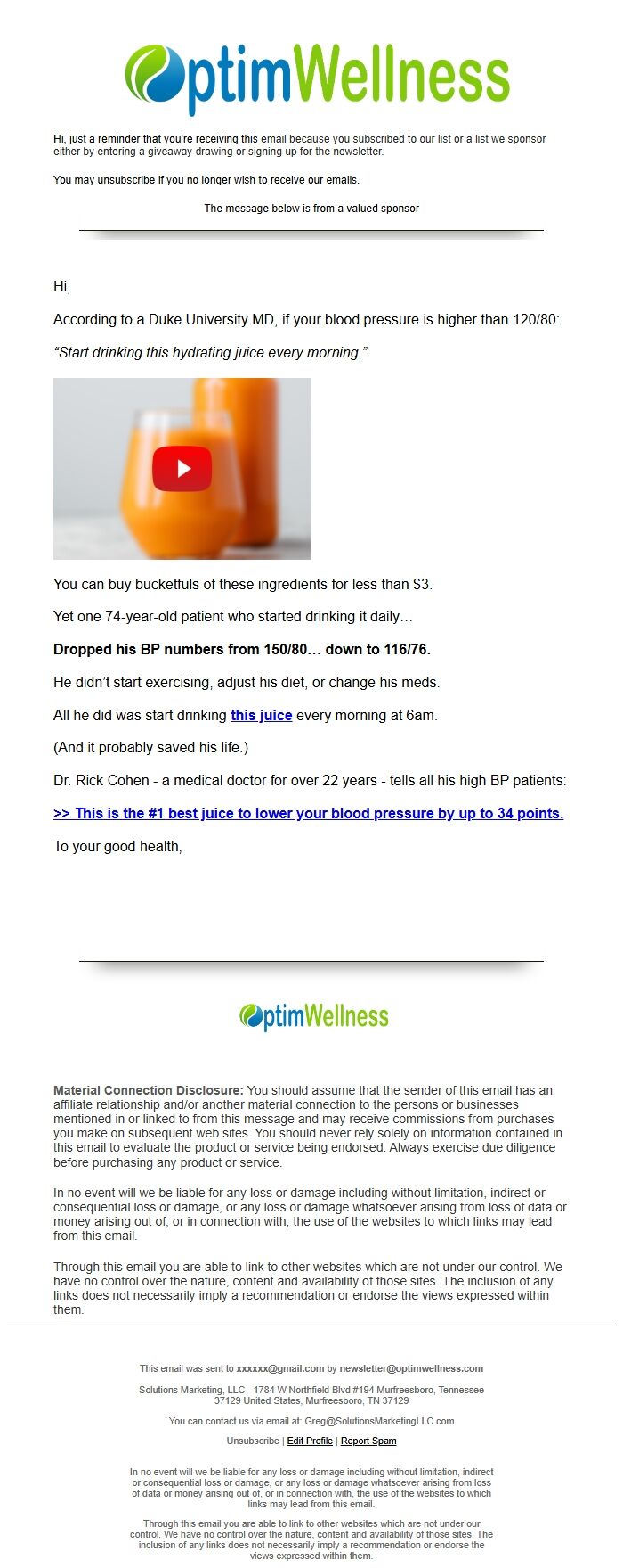 Screenshot of the email generated on import