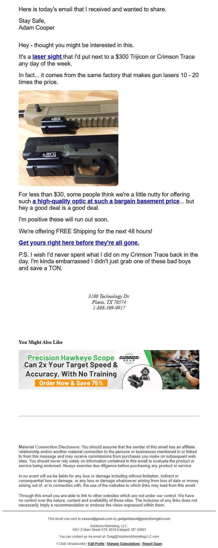 Screenshot of the email generated on import