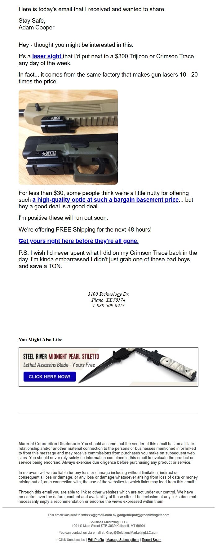 Screenshot of the email generated on import