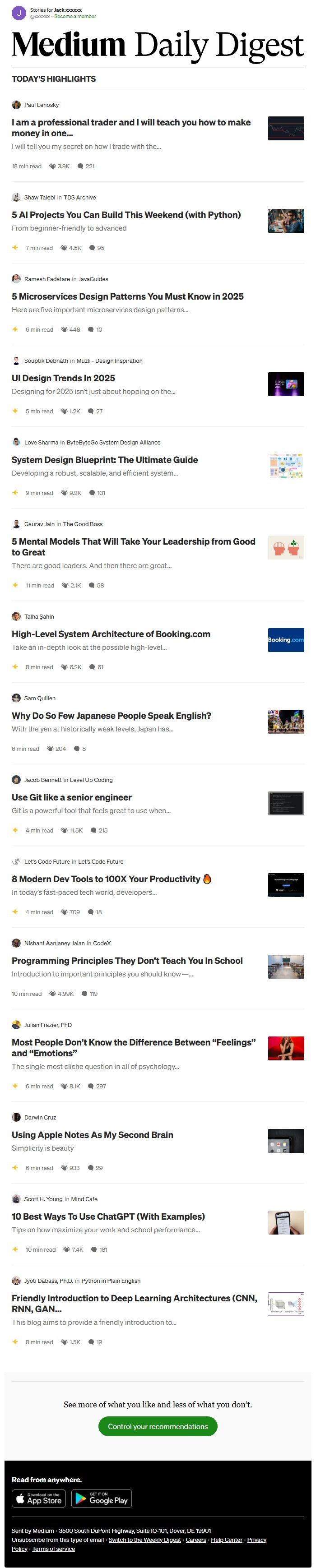 Screenshot of the email generated on import