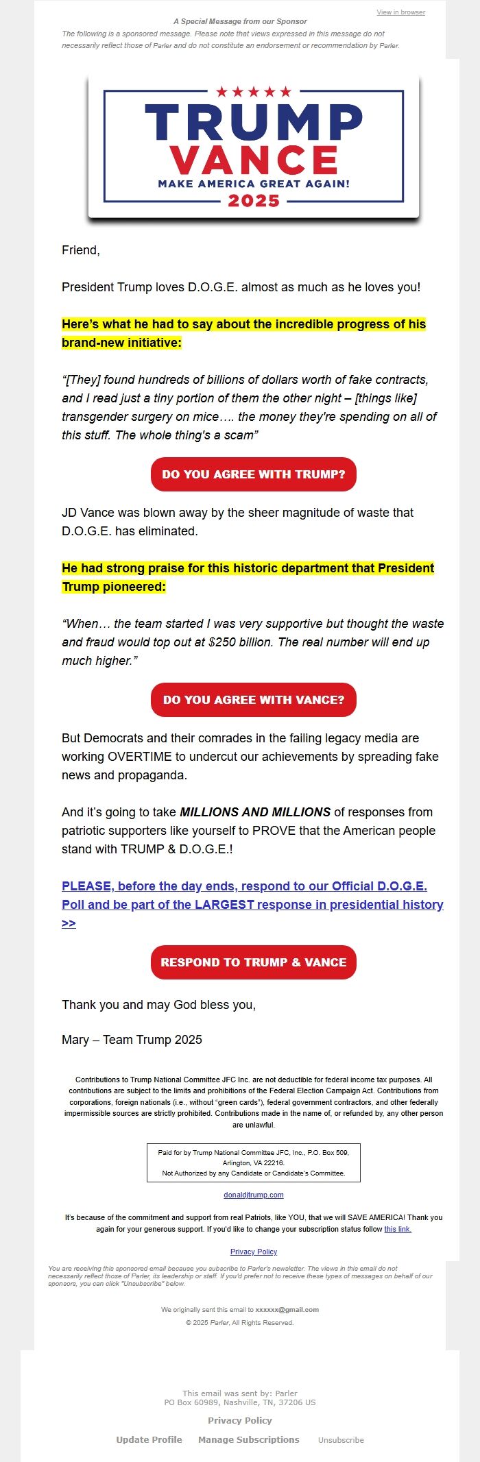Screenshot of the email generated on import