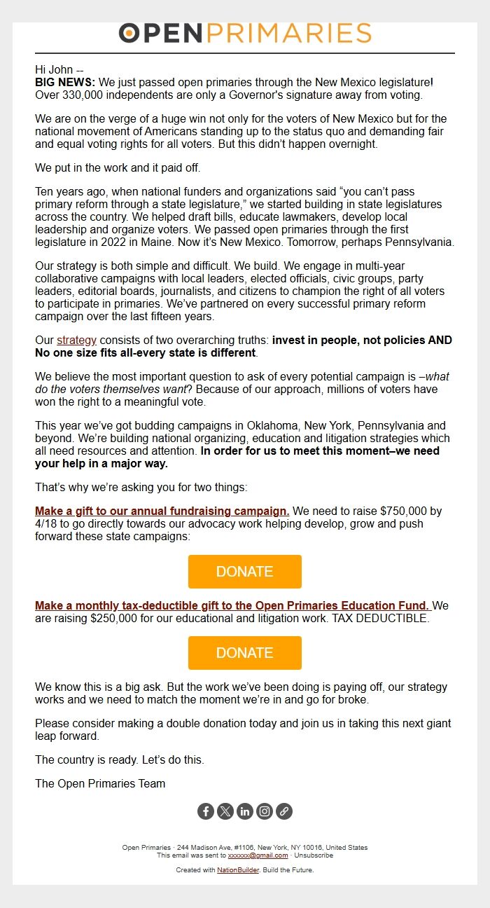 Screenshot of the email generated on import