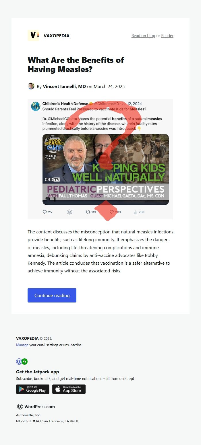 Screenshot of the email generated on import
