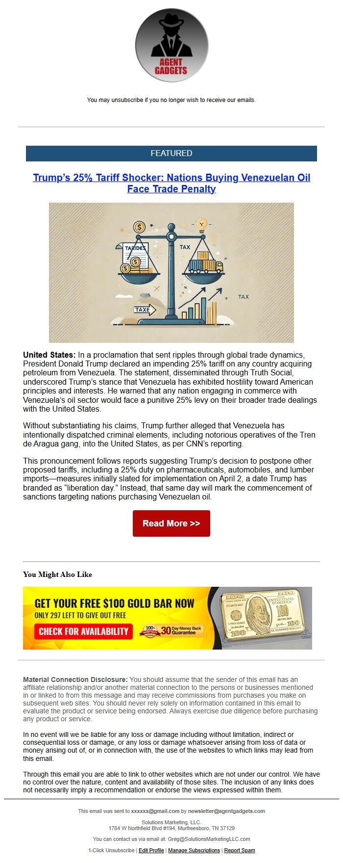 Screenshot of the email generated on import
