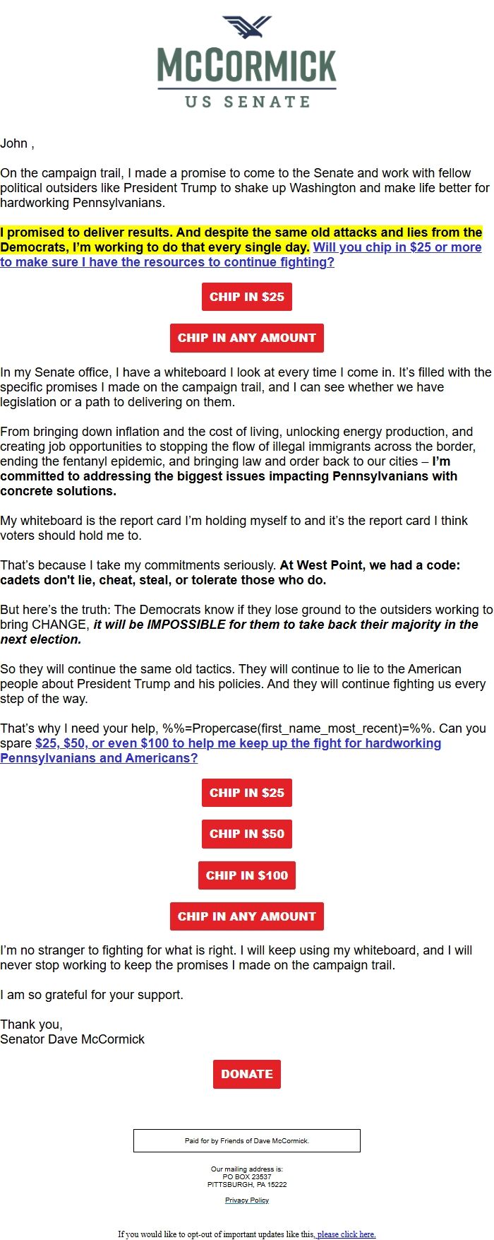 Screenshot of the email generated on import
