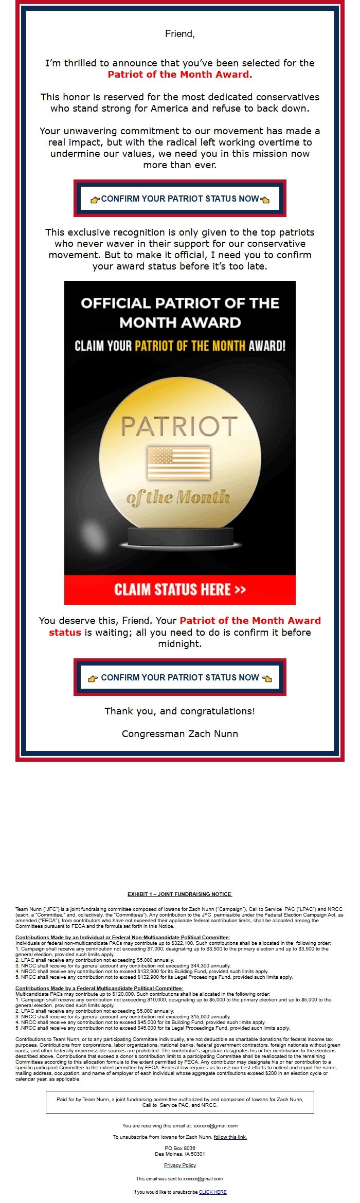 Screenshot of the email generated on import