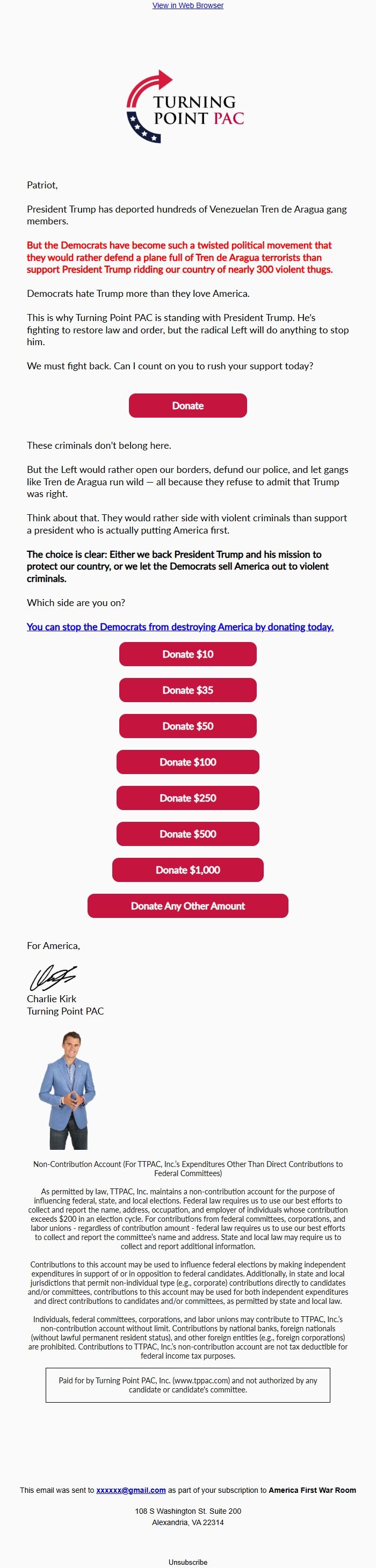 Screenshot of the email generated on import