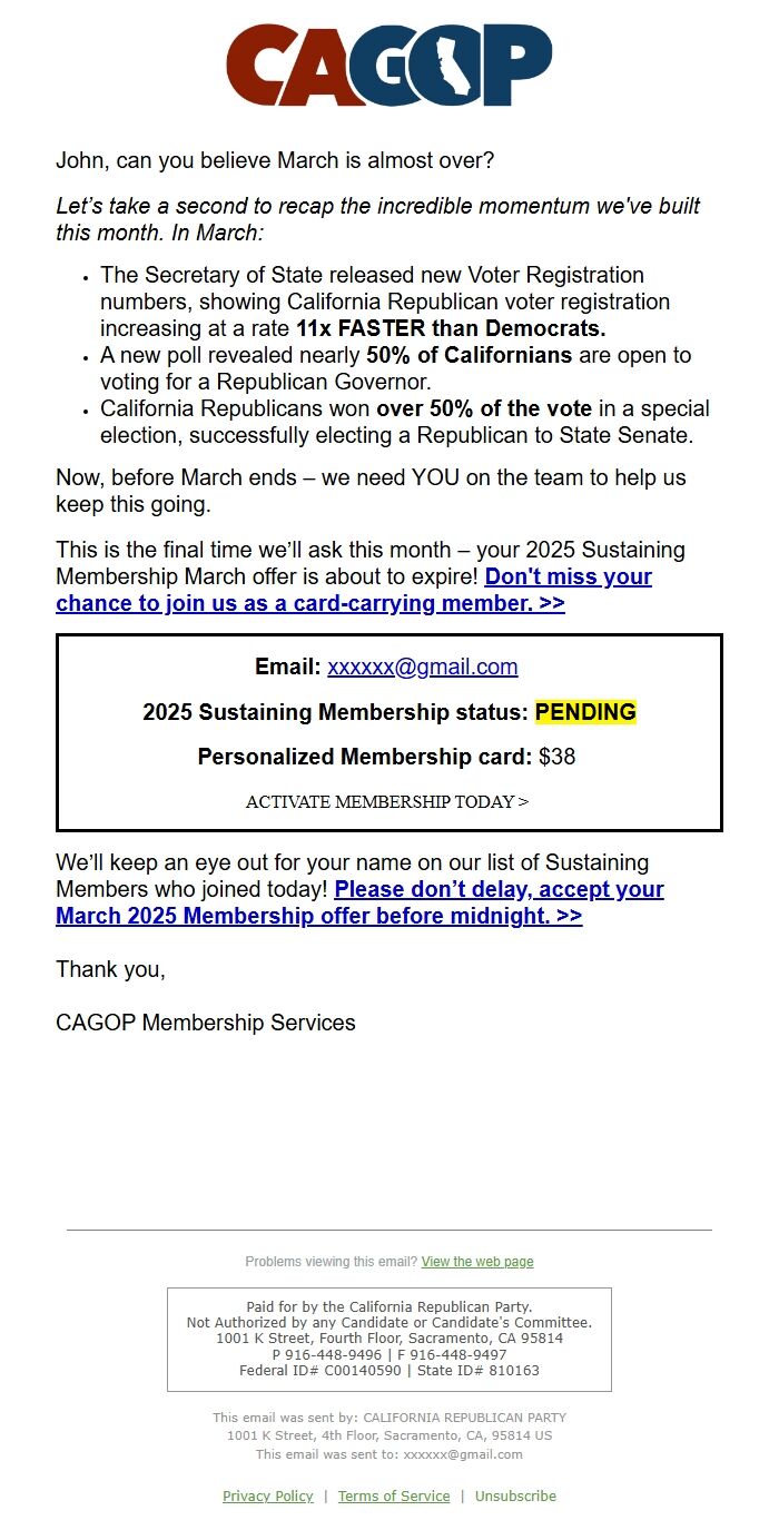 Screenshot of the email generated on import