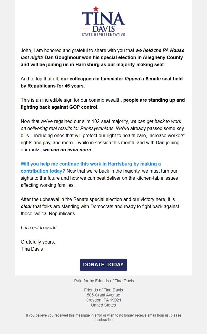 Screenshot of the email generated on import