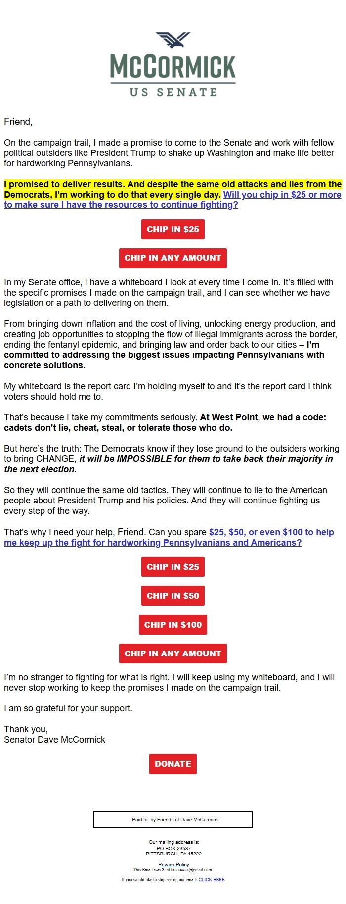Screenshot of the email generated on import