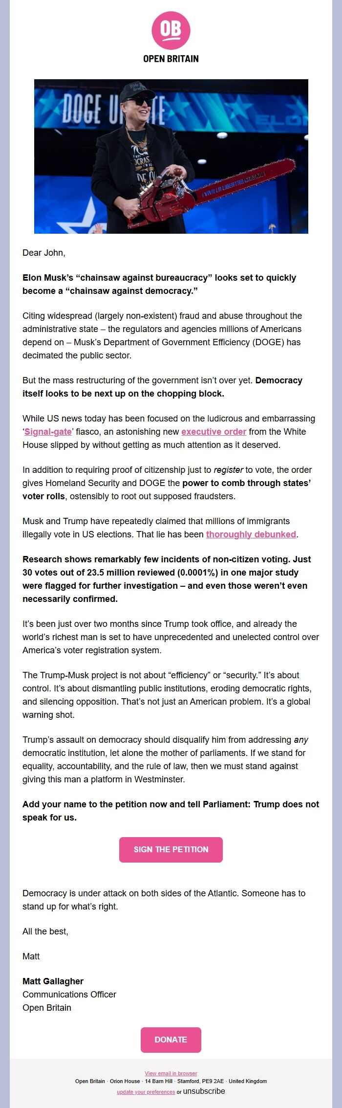 Screenshot of the email generated on import