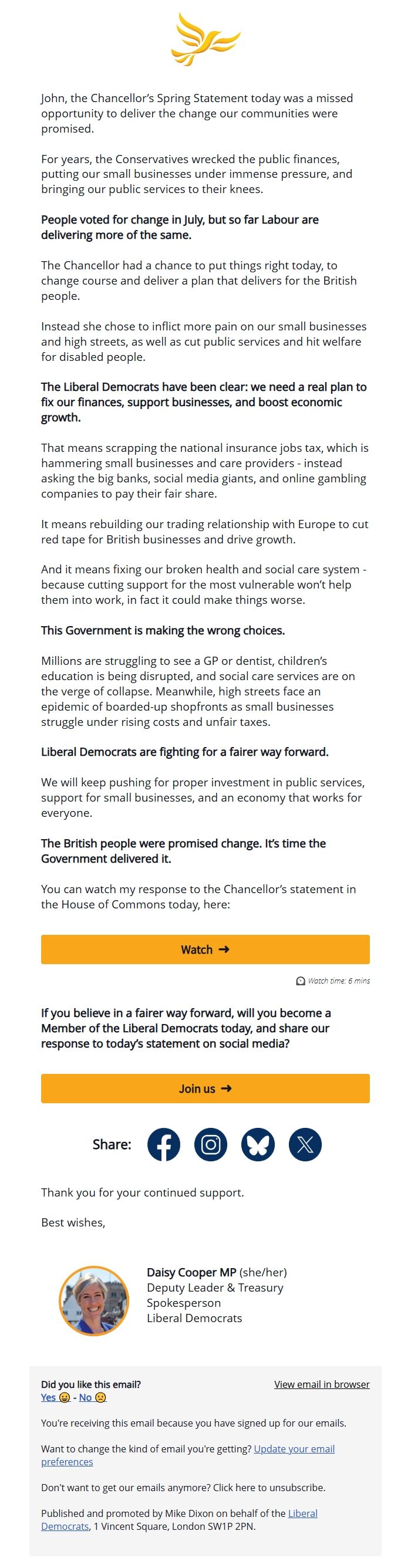 Screenshot of the email generated on import