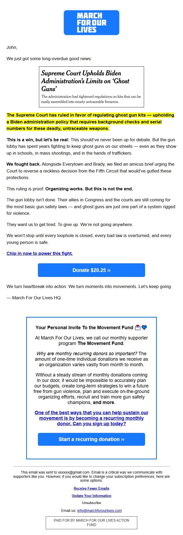 Screenshot of the email generated on import