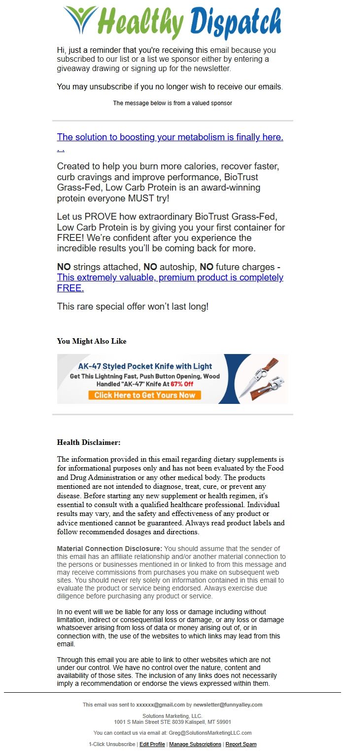 Screenshot of the email generated on import