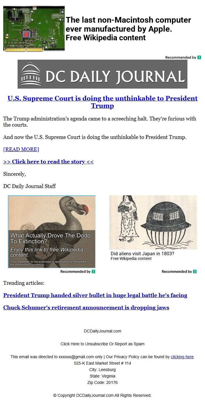 Screenshot of the email generated on import
