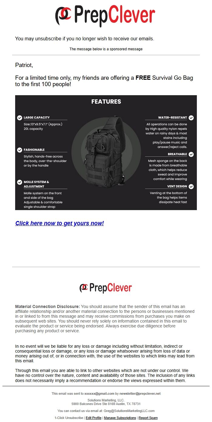 Screenshot of the email generated on import