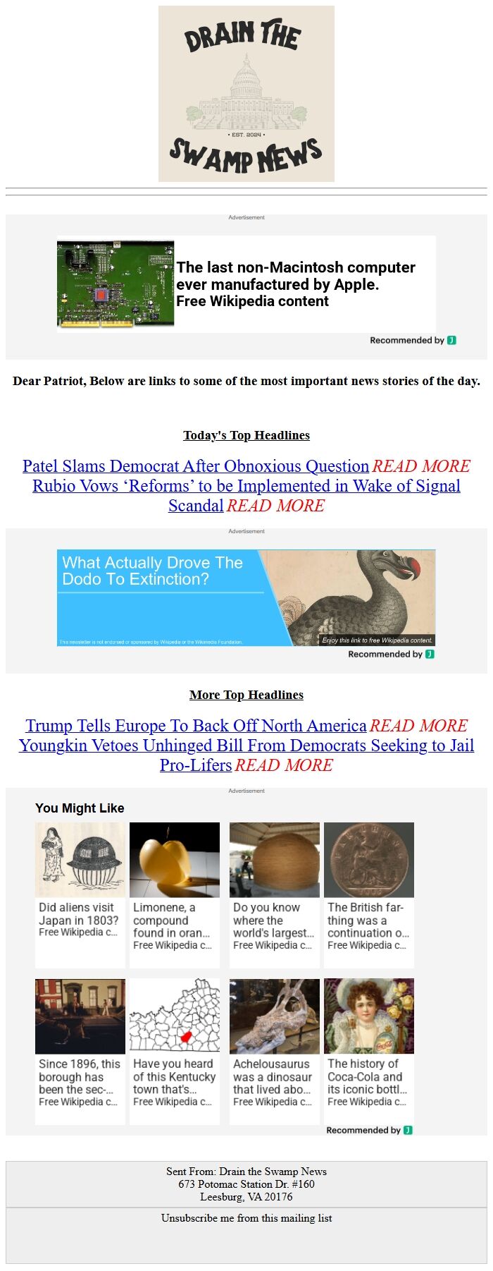 Screenshot of the email generated on import