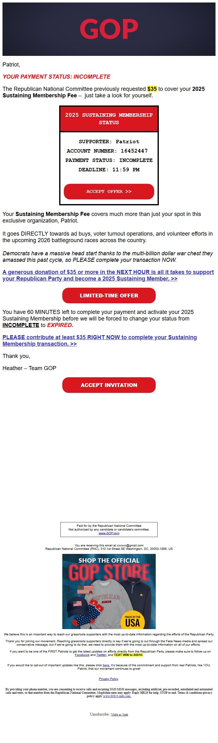 Screenshot of the email generated on import