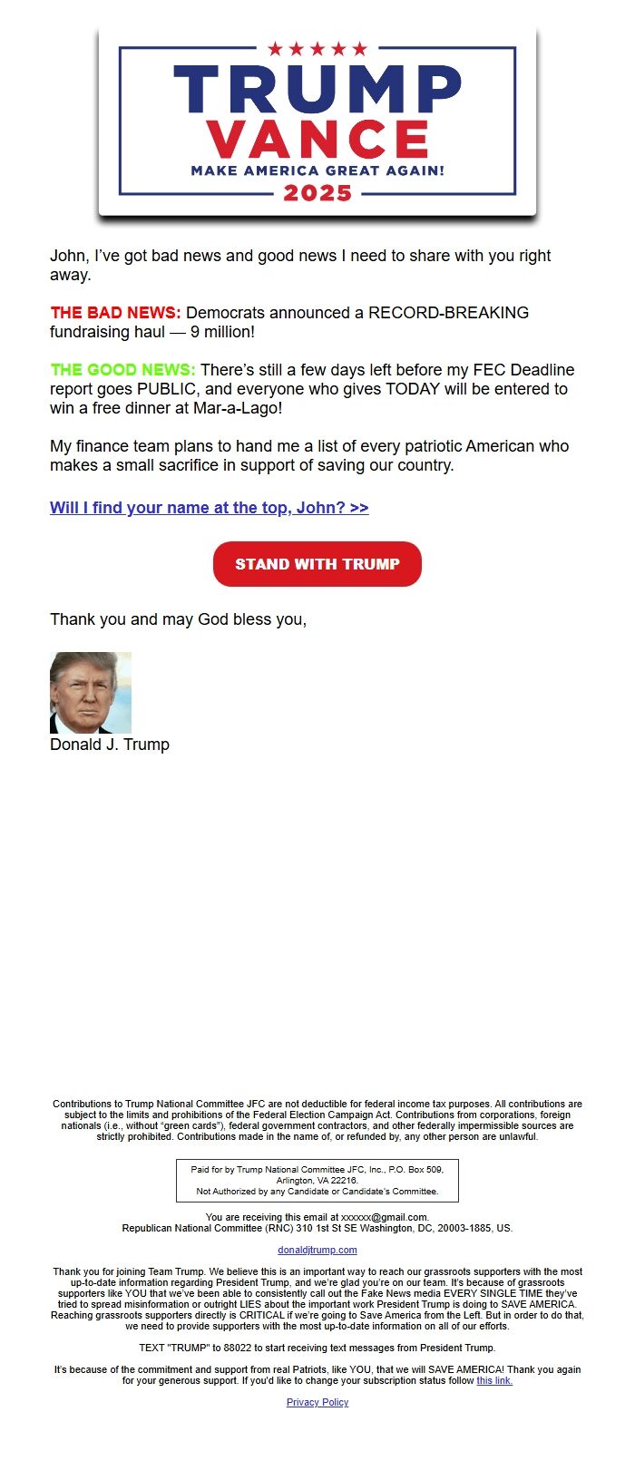 Screenshot of the email generated on import