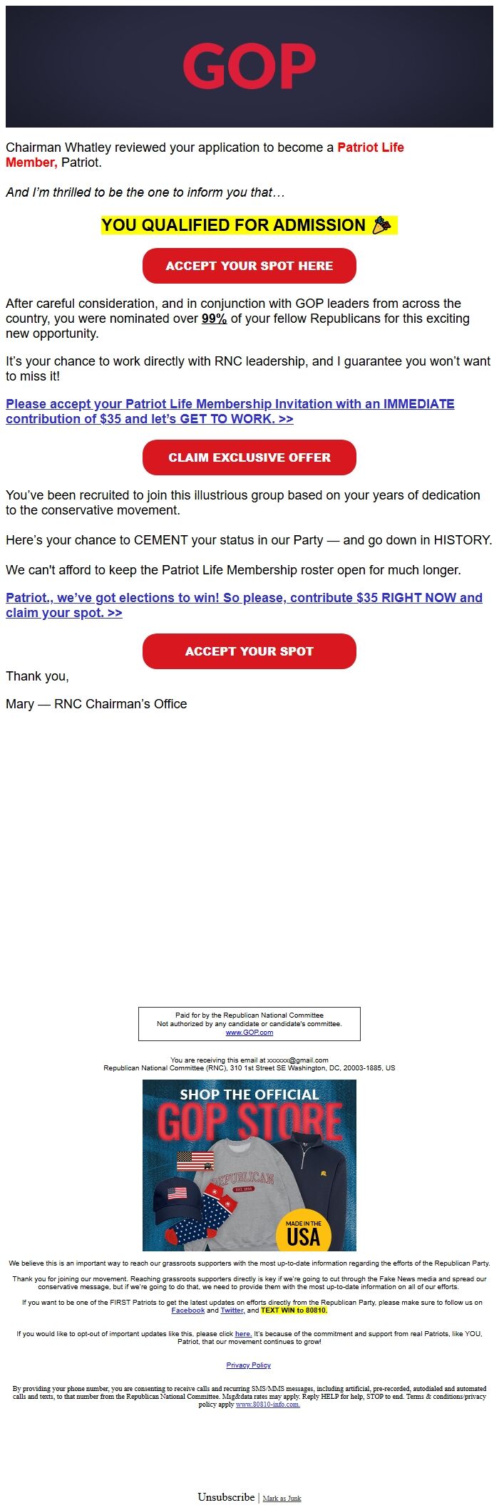 Screenshot of the email generated on import
