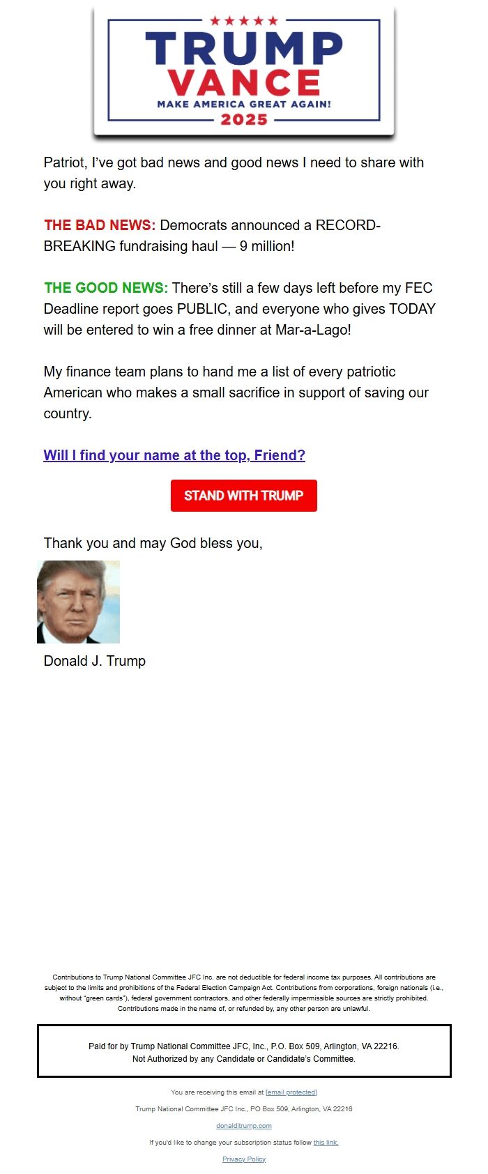 Screenshot of the email generated on import
