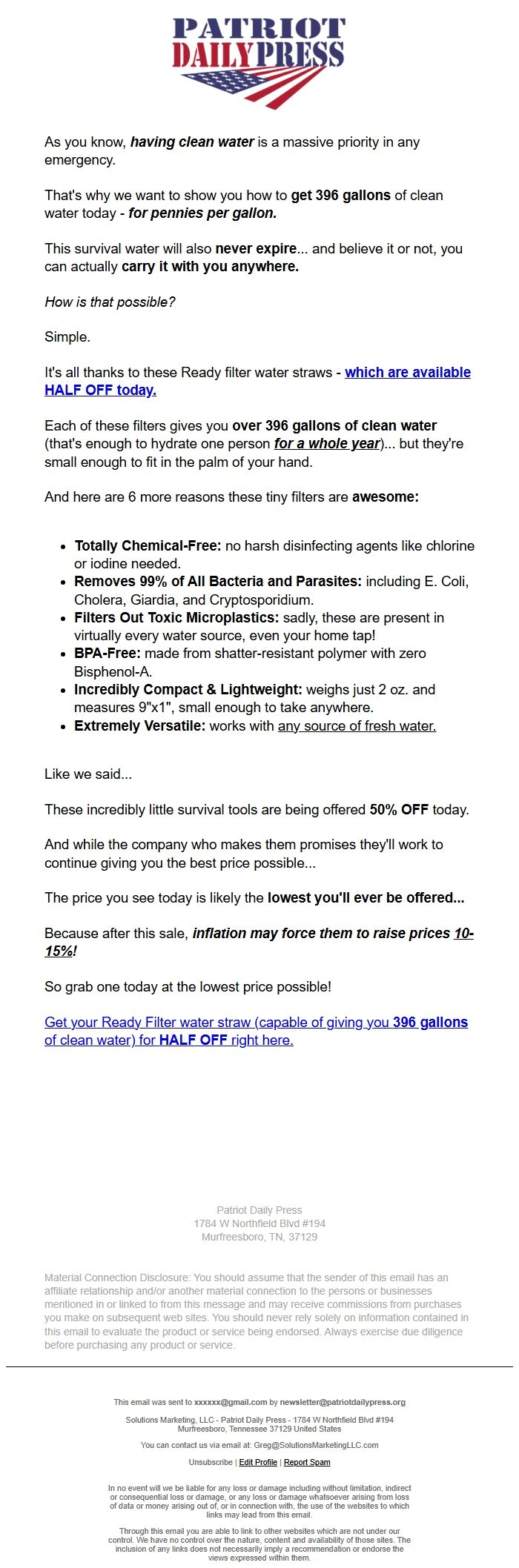 Screenshot of the email generated on import