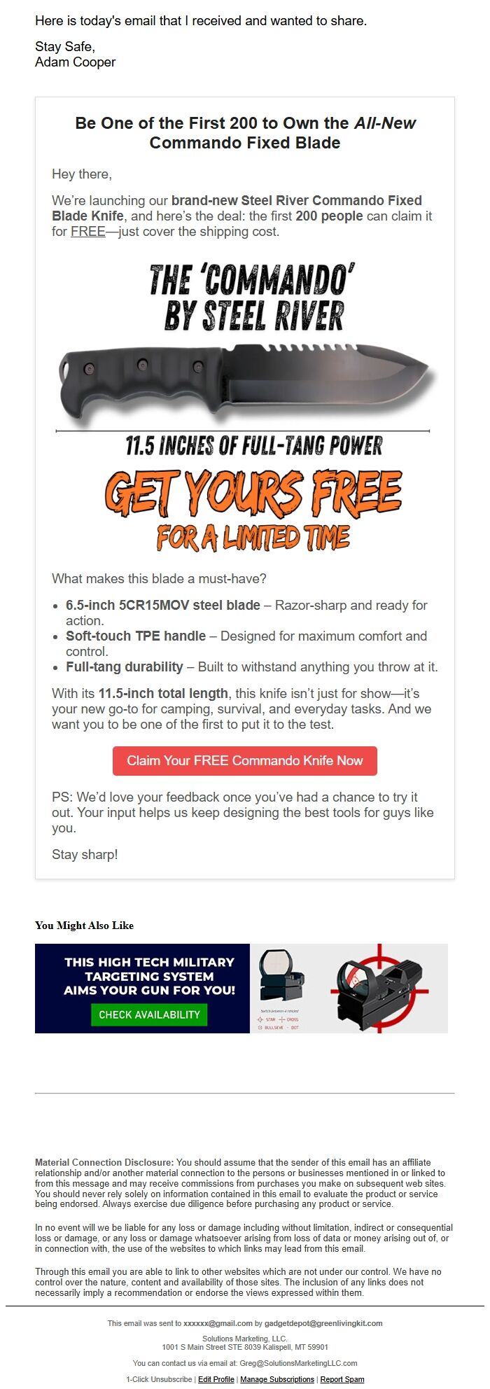 Screenshot of the email generated on import