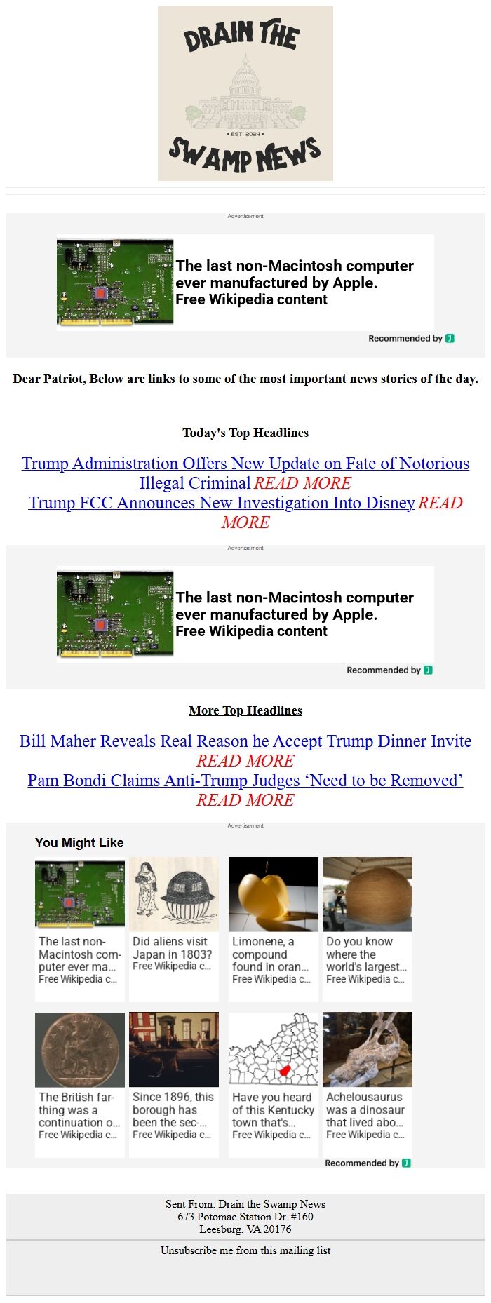 Screenshot of the email generated on import