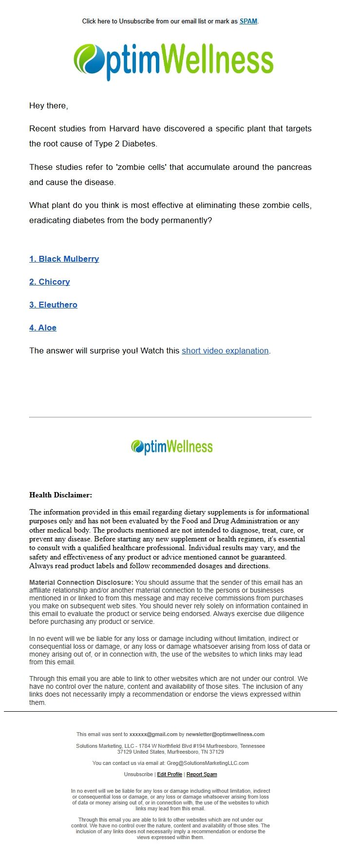 Screenshot of the email generated on import