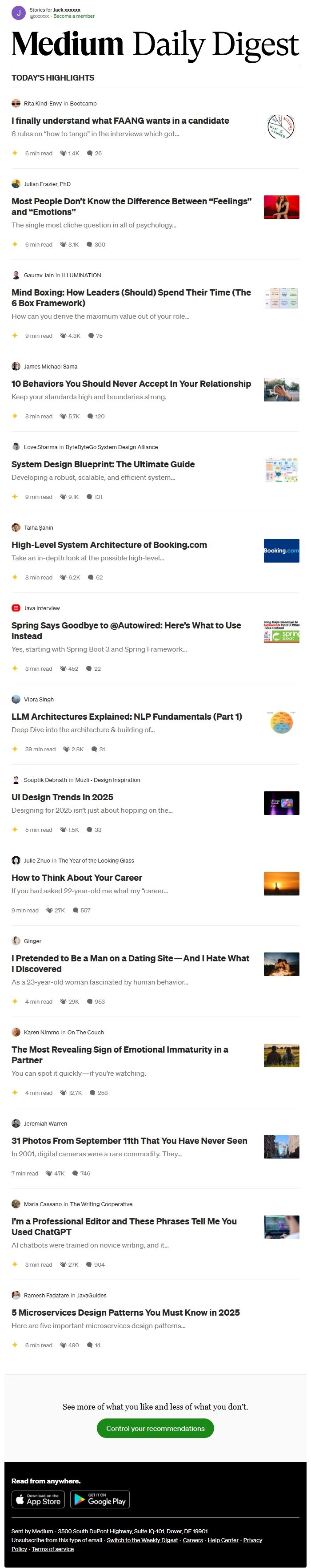 Screenshot of the email generated on import