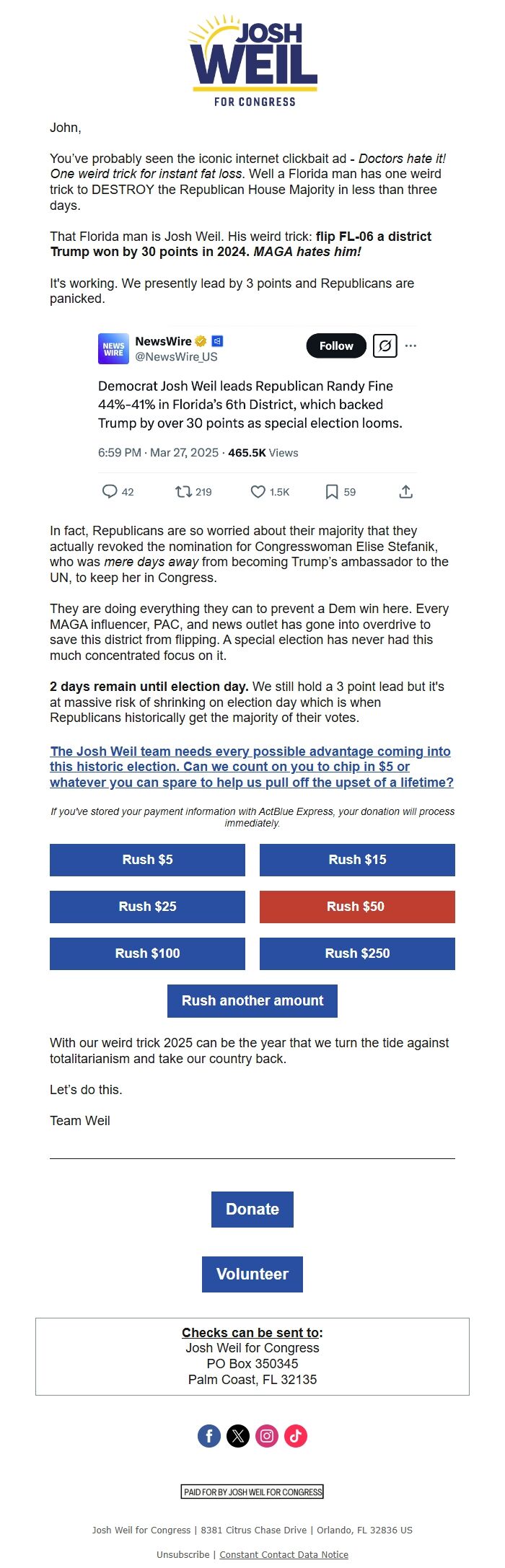 Screenshot of the email generated on import