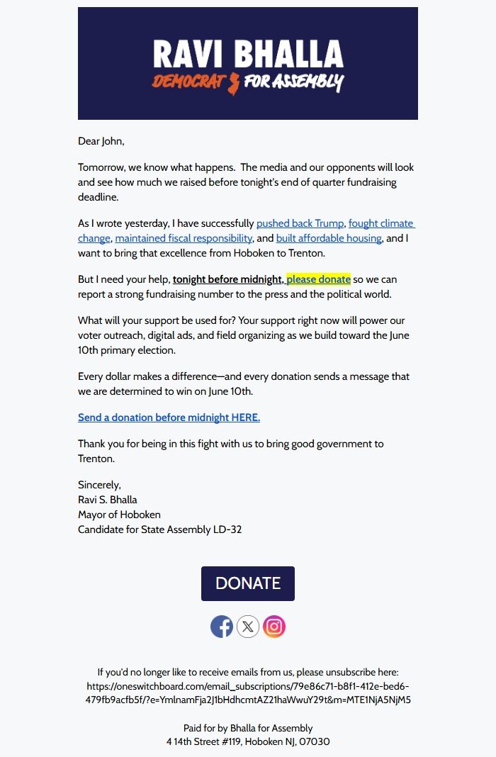 Screenshot of the email generated on import