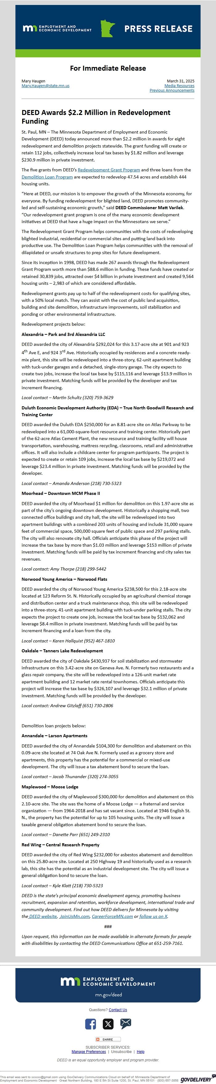 Screenshot of the email generated on import