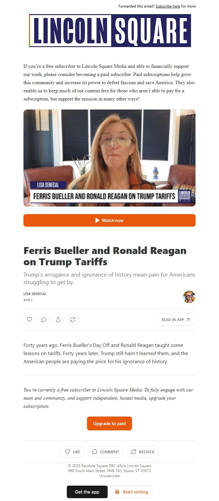Screenshot of the email generated on import
