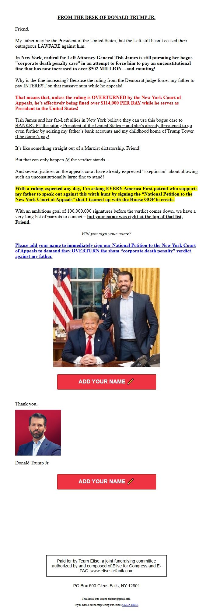 Screenshot of the email generated on import