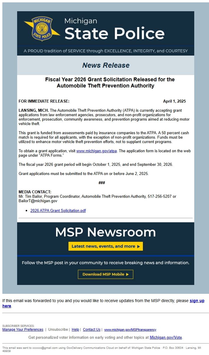 Screenshot of the email generated on import