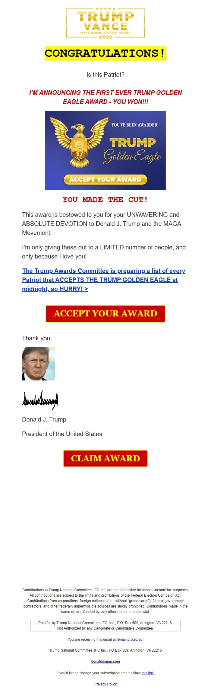 Screenshot of the email generated on import