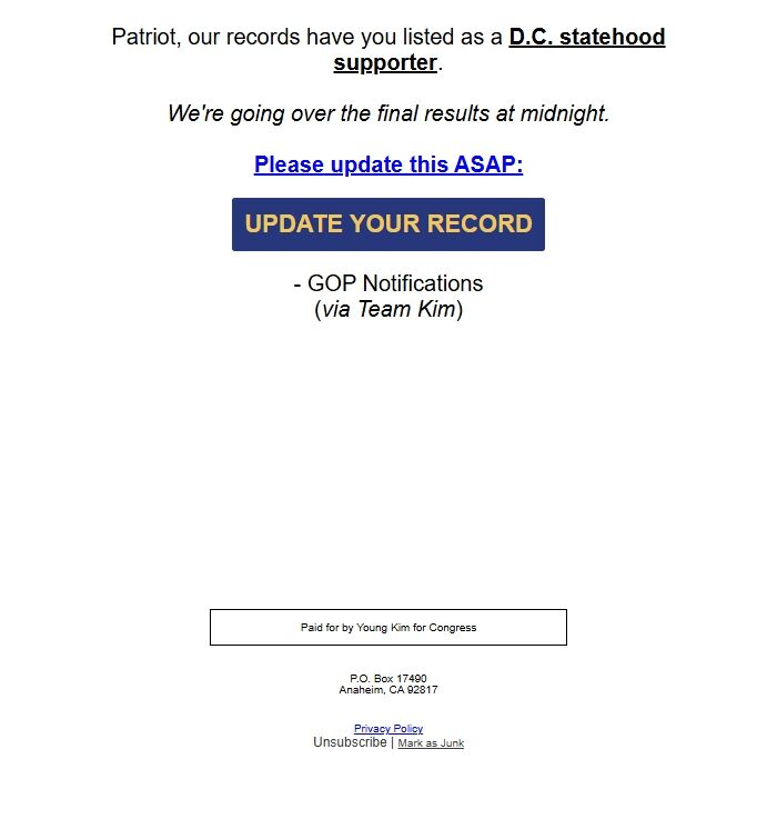 Screenshot of the email generated on import