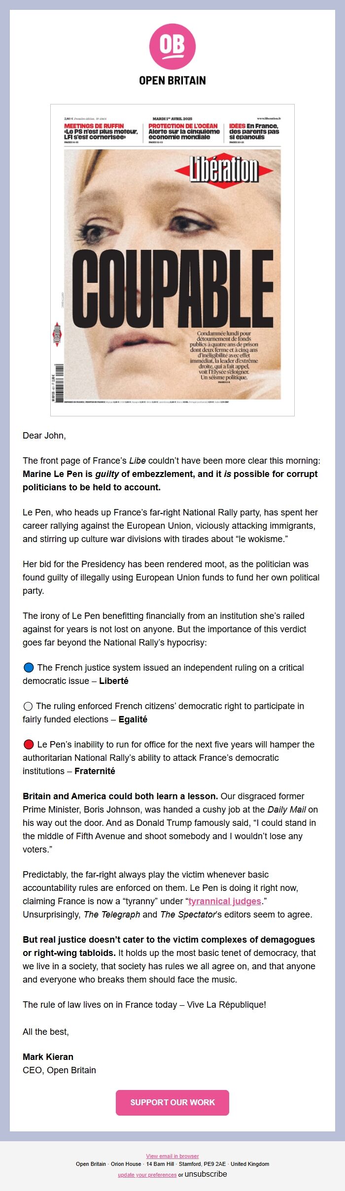 Screenshot of the email generated on import