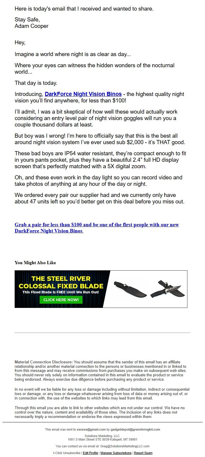 Screenshot of the email generated on import