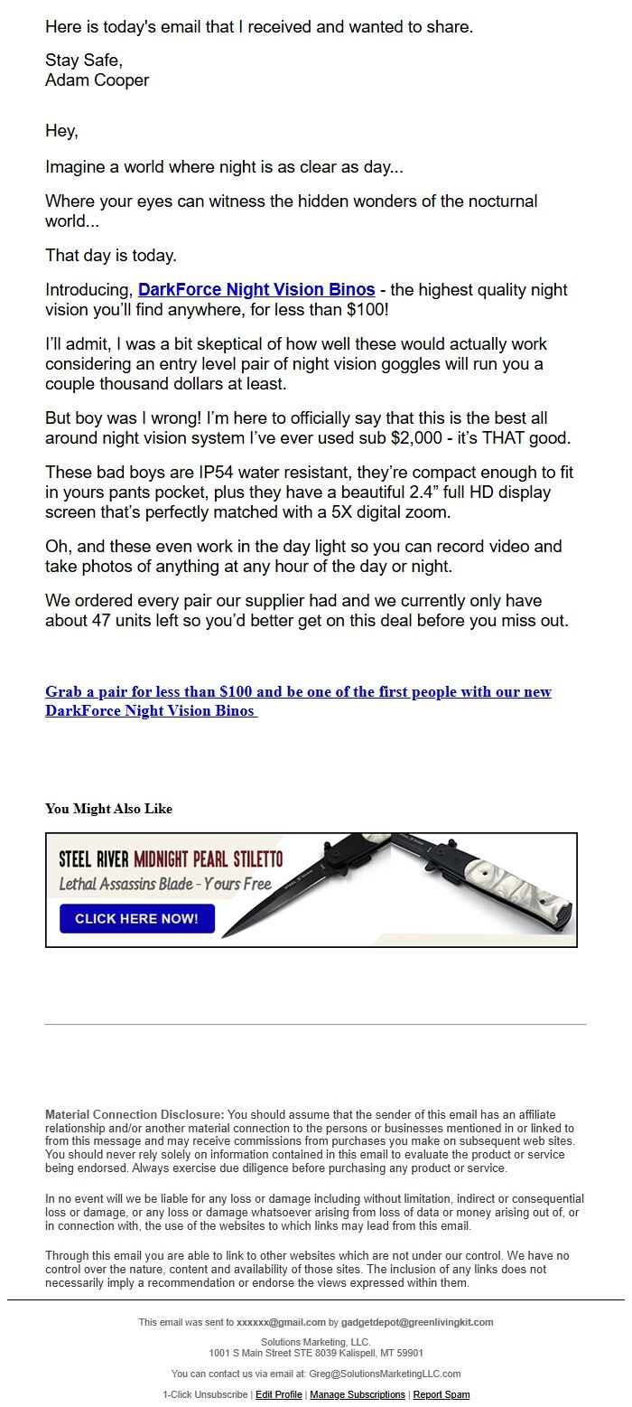 Screenshot of the email generated on import