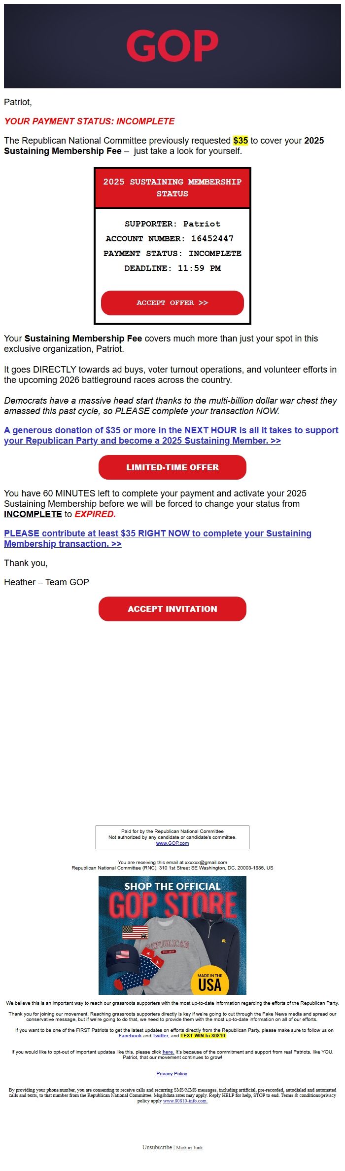 Screenshot of the email generated on import