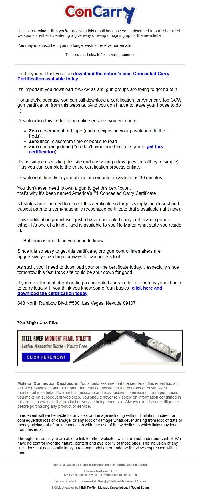 Screenshot of the email generated on import