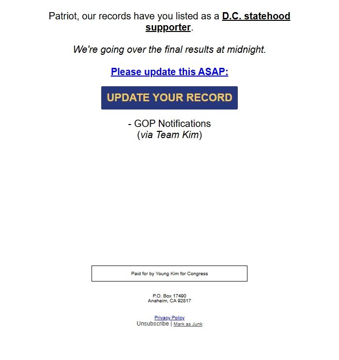 Screenshot of the email generated on import