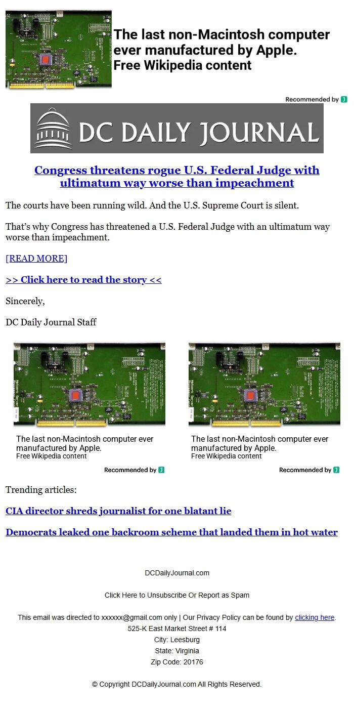 Screenshot of the email generated on import