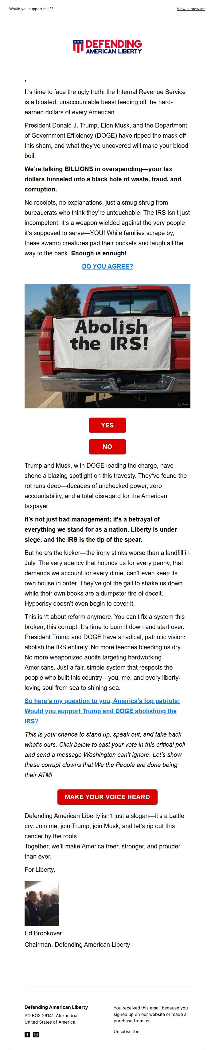 Screenshot of the email generated on import