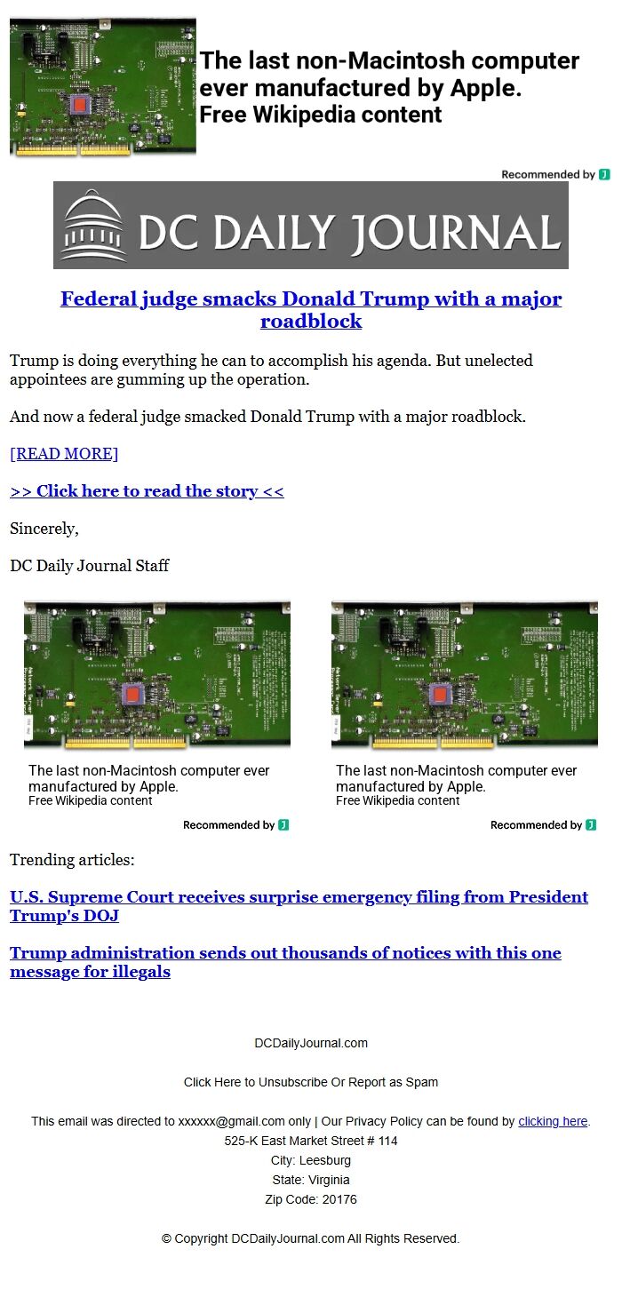 Screenshot of the email generated on import