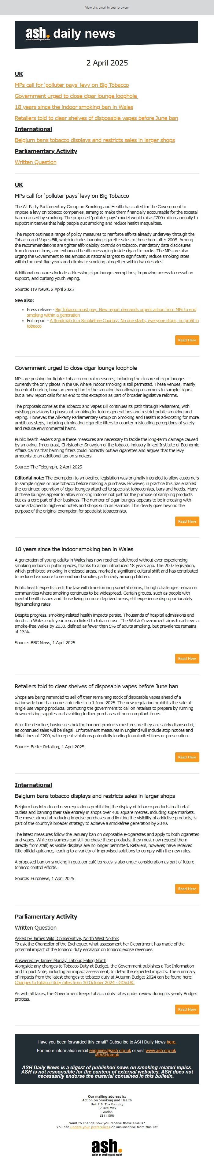 Screenshot of the email generated on import